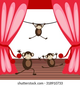 Vector illustrated cute monkeys acting on a stage. 