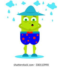 Vector illustrated cute square monster standing in the rain on white background.