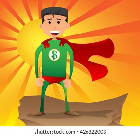 Vector illustrated dollar hero cartoon character standing on a rock.