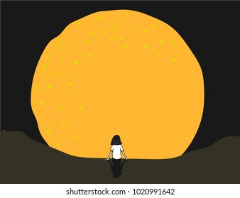 Vector illustrated doodle hand drawing a lonely  girl is sitting on hill, looking at a big bright full moon at night alone. thinking mind, 