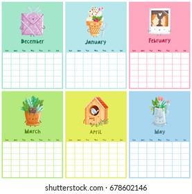 Vector illustrated endless calendar template for winter and spring