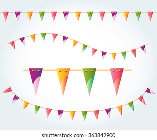 Vector illustrated flag garland set. Triangle flags on the rope. Pastel party decoration.Birthday design decoration