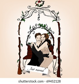 vector illustrated freshly married couple