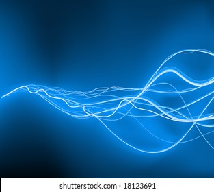 A vector illustrated   futuristic background resembling blue motion blurred neon light curves