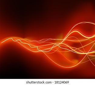 A vector illustrated   futuristic background resembling red motion blurred neon light curves