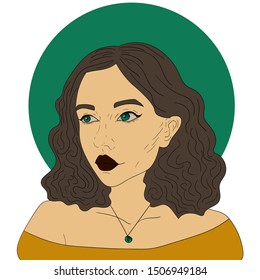 Vector illustrated girl with brown hair and dark lips