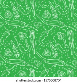 Vector illustrated green paprika jalapeno pepper vegetable linear drawing pattern set