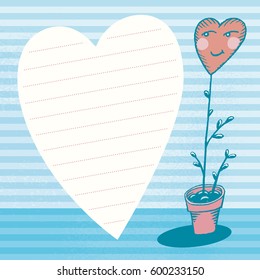 Vector illustrated greeting card template. Place your text into big lined heart. Decorated with hand drawn heart shape flower growing from pot. 