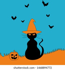Vector illustrated halloween cat, contrasting colors