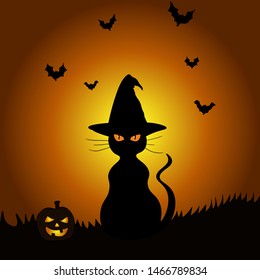 Vector illustrated halloween design, black cat, pumpkin and bats
