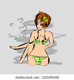 Vector illustrated hand drawn, doodle cartoon girl.