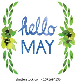 Vector illustrated hello April spring greeting watercolor style lettering hand painted with flowers and leaves frame