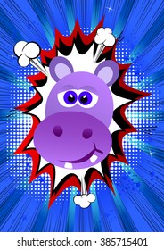 Vector illustrated hippo head on comic book style background.
