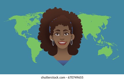 Vector illustrated image of a young black woman with a happy expression in front of a global map.