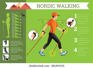 Vector illustrated infographics set with Nordic Walking data. The flat illustration of sport activities for health lifestyle.