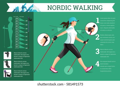 Vector illustrated infographics set with Nordic Walking data. The flat illustration of sport activities for health lifestyle.