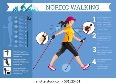 Vector illustrated infographics set with Nordic Walking data. The flat illustration of sport activities for health lifestyle.