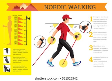 Vector illustrated infographics set with Nordic Walking data. The flat illustration of sport activities for health lifestyle.