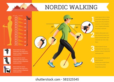 Vector illustrated infographics set with Nordic Walking data. The flat illustration of sport activities for health lifestyle.