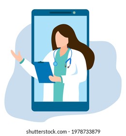 A vector, illustrated lady doctor on phone screen blue tone with st retro scope and document board in her hand, telemedicine concept, contact doctor on the phone, telecommunication technology