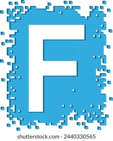 Letra ilustrada vectorial F en forma de un montón de pequeños cubos azules