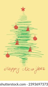 Vector illustrated line drawing Christmas tree on a yellow background. A4 page format good for greeting card or book page
