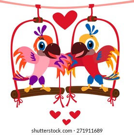 Vector illustrated lovely parrot couple standing together on the swing.