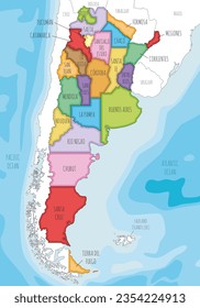 Vector illustrated map of Argentina with provinces or federated states and administrative divisions, and neighbouring countries and territories. Editable and clearly labeled layers.