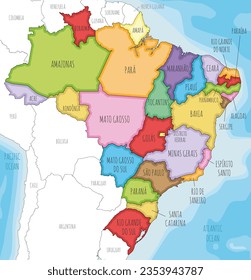 Vector illustrated map of Brazil with states and administrative divisions, and neighbouring countries and territories. Editable and clearly labeled layers.