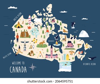 Vector illustrated map of Canada with famous landmarks, buildings, symbols. Design for poster, tourist leaflets, guides, prints