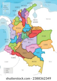 Vector illustrated map of Colombia with departments, capital region and administrative divisions, and neighbouring countries. Editable and clearly labeled layers.