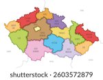Vector illustrated map of Czechia or Czech Republic with regions and administrative divisions, and neighbouring countries and territories. Editable and clearly labeled layers.