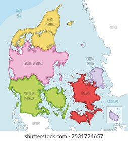 Vector illustrated map of Denmark with regions and administrative divisions, and neighbouring countries and territories. Editable and clearly labeled layers.