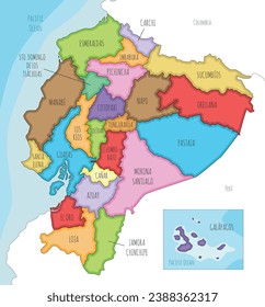 Mapa ilustrado de vectores de Ecuador con provincias y divisiones administrativas, y países vecinos. capas editables y claramente etiquetadas.