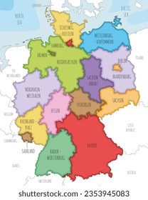 Vector illustrated map of Germany with federated states or regions and administrative divisions, and neighbouring countries. Editable and clearly labeled layers.