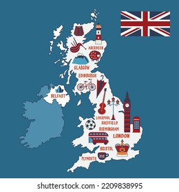 Vector illustrated map of Great Britain. Travel concept. Country landmarks, attractions and symbols on the map.