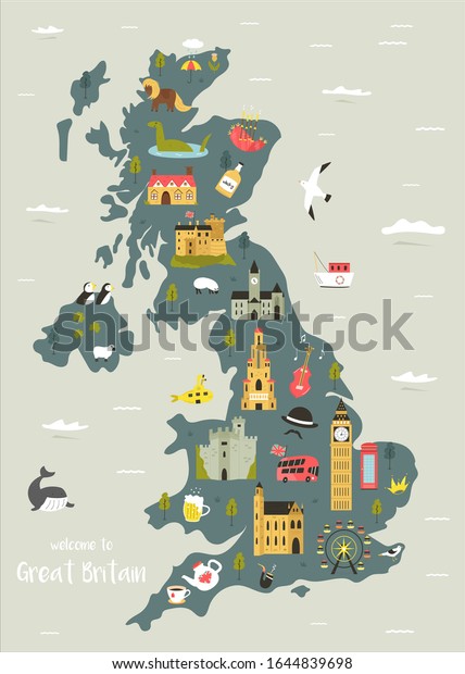 イギリスの英国 グレートブリテンのベクターイラスト地図 有名な史跡 建物 シンボルを持つ ポスター 観光用のチラシ ガイド プリント用のデザイン のベクター画像素材 ロイヤリティフリー