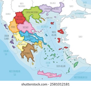 Vector illustrated map of Greece with regions and administrative divisions, and neighbouring countries and territories. Editable and clearly labeled layers.