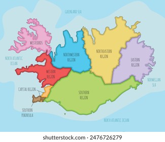 Vector illustrated map of Iceland with regions and administrative divisions. Editable and clearly labeled layers.