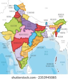 Vector illustrated map of India with states and territories and administrative divisions, and neighbouring countries. Editable and clearly labeled layers.