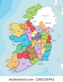 Vector illustrated map of Ireland with counties and administrative divisions, and neighbouring countries. Editable and clearly labeled layers.