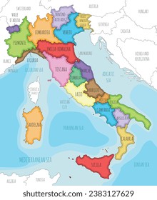 Vector illustrated map of Italy with regions and administrative divisions, and neighbouring countries and territories. Editable and clearly labeled layers.