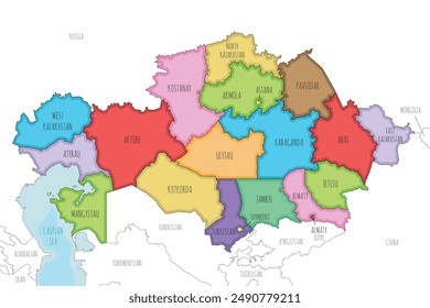 Vector ilustrado mapa de Kazajstán con regiones, ciudades independientes y divisiones administrativas, y países y territorios vecinos. Capas editables y claramente etiquetadas.