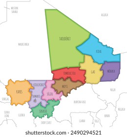 Vector illustrated map of Mali with regions, capital district and administrative divisions, and neighbouring countries. Editable and clearly labeled layers.