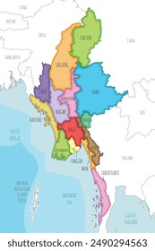 Vector illustrated map of Myanmar with regions, states and administrative divisions, and neighbouring countries and territories. Editable and clearly labeled layers.