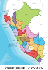 Vector illustrated map of Peru with departments, provinces and administrative divisions, and neighbouring countries. Editable and clearly labeled layers.