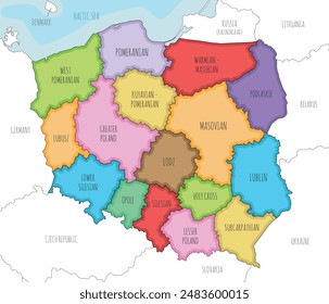 Vector illustrated map of Poland with provinces and administrative divisions, and neighbouring countries and territories. Editable and clearly labeled layers.