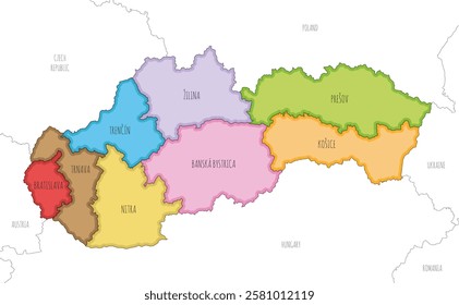 Vector illustrated map of Slovakia or Slovak Republic with regions and administrative divisions, and neighbouring countries and territories. Editable and clearly labeled layers.