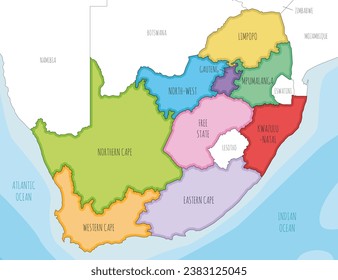 Vector illustrated map of South Africa with provinces and administrative divisions, and neighbouring countries. Editable and clearly labeled layers.