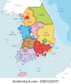 Vector illustrated map of South Korea with provinces, metropolitan cities and administrative divisions, and neighbouring countries. Editable and clearly labeled layers.